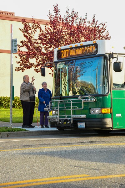 Two passengers are seen greeting a green public transit bus labeled '207 WALMART/YMCA' at a curbside bus stop. One passenger, extending their arm, appears to be hailing the bus, indicating they wish to board. They are standing by the road on a sunny day, with a backdrop of a building with red foliage. The scene suggests a friendly interaction, common in close-knit communities, and highlights the accessibility of the transit system.