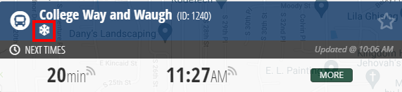 A snowflake icon indicating snow stops on the Skagit Transit live map