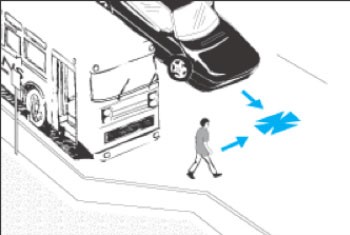 The image depicts a grayscale illustration showing a person walking across a pedestrian crosswalk, away from a bus that is pulled over at a bus stop. There are blue arrows indicating the direction of the pedestrian's path across the crosswalk, suggesting the right way to cross the street after exiting the bus. A car is parked behind the bus, and it looks like an urban street scene focused on pedestrian safety and proper use of crosswalks in relation to public transit.